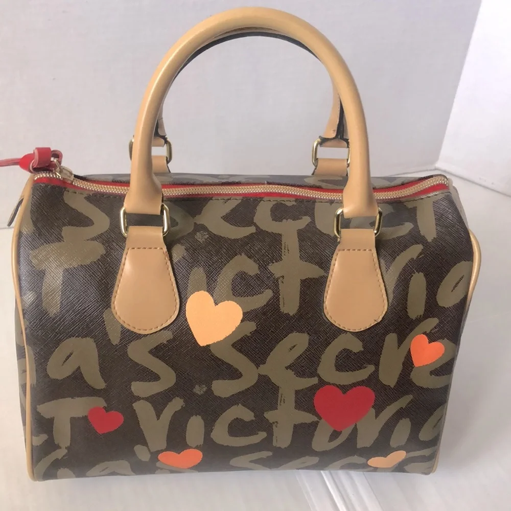 Victoria's Secret Brown Graffiti Heart Satchel with Red and Orange Accents - Picture 2 of 16